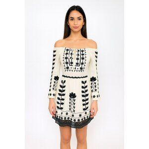 Roja Boho Chic Off-Shoulder Wool Dress With Black Embroidery Long Sleeves Size S